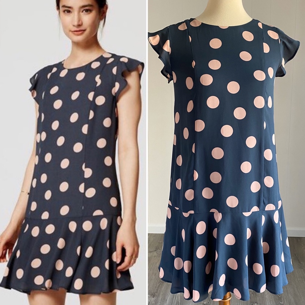 NWT Loft Polka Dot Flounce Dress Petrol Grey Pink - Picture 1 of 8